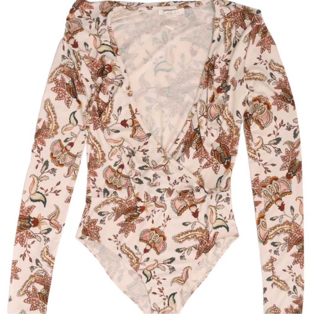 Forever 21 Women's Bodysuit Top Deep V-neck ruffles Peach Floral Small - Picture 5 of 8